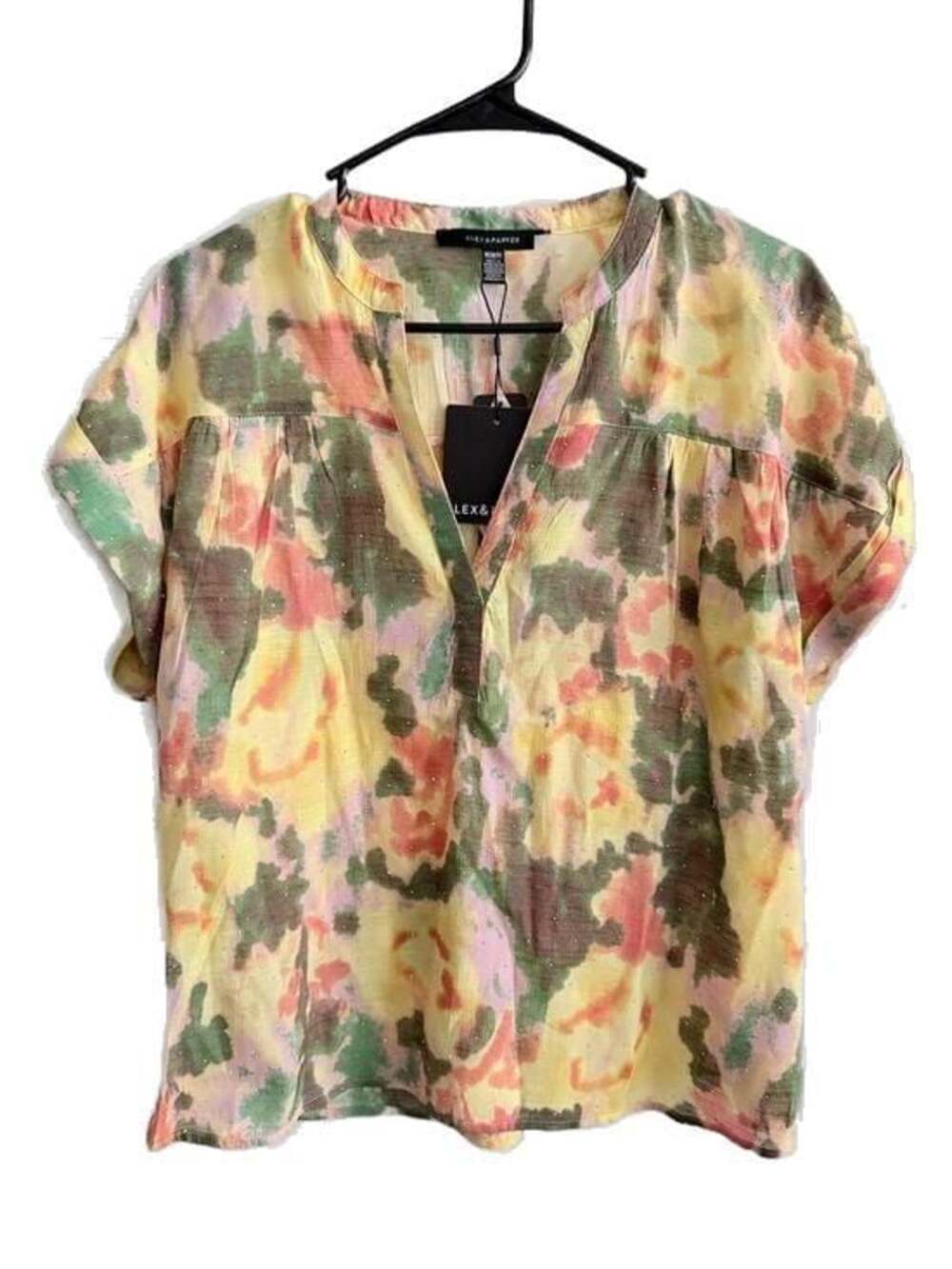 Alex & Parker Watercolor Floral Split V-Neck Short Sleeve Blouse NWT size M